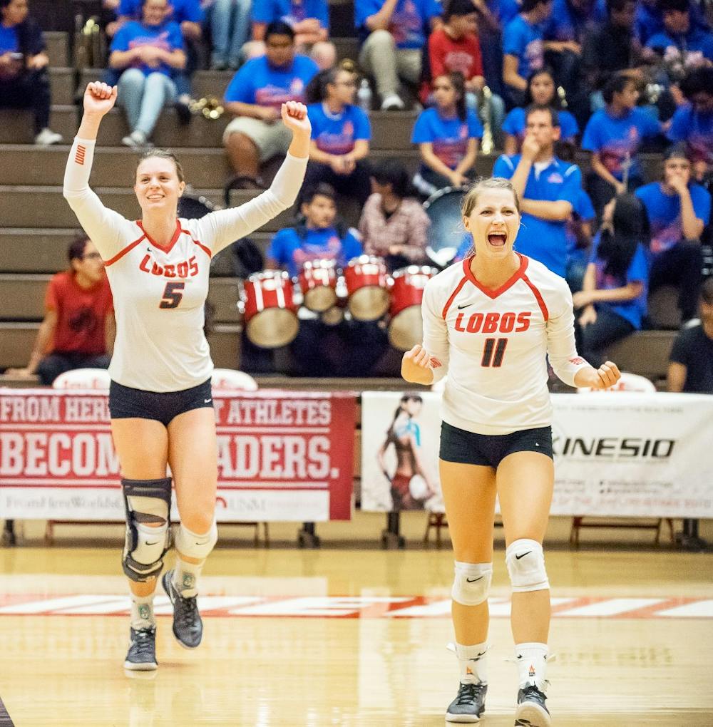 Lobos celebrate a kill against the UNLV Rebels on October 11th 2016 at Johnson Center