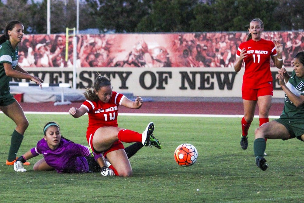 Junior midfielder Claire Lynch fires a shot over a Eastern New Mexico goal keeper Sunday August 14, 2016 at the UNM Soccer Complex. The Lobos tied Weber State 0-0 and will play Idaho State Sunday September 4, 2016.