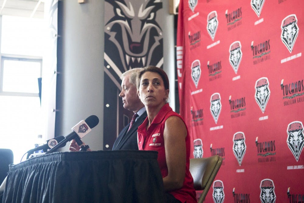 	New Mexico women’s soccer Head Coach Kit Vela awaits questions from the media at the Tow Diehm Athletic Center on Wednesday. UNM Athletic Director Paul Krebs confirmed at the press conference that the team did commit acts of hazing.