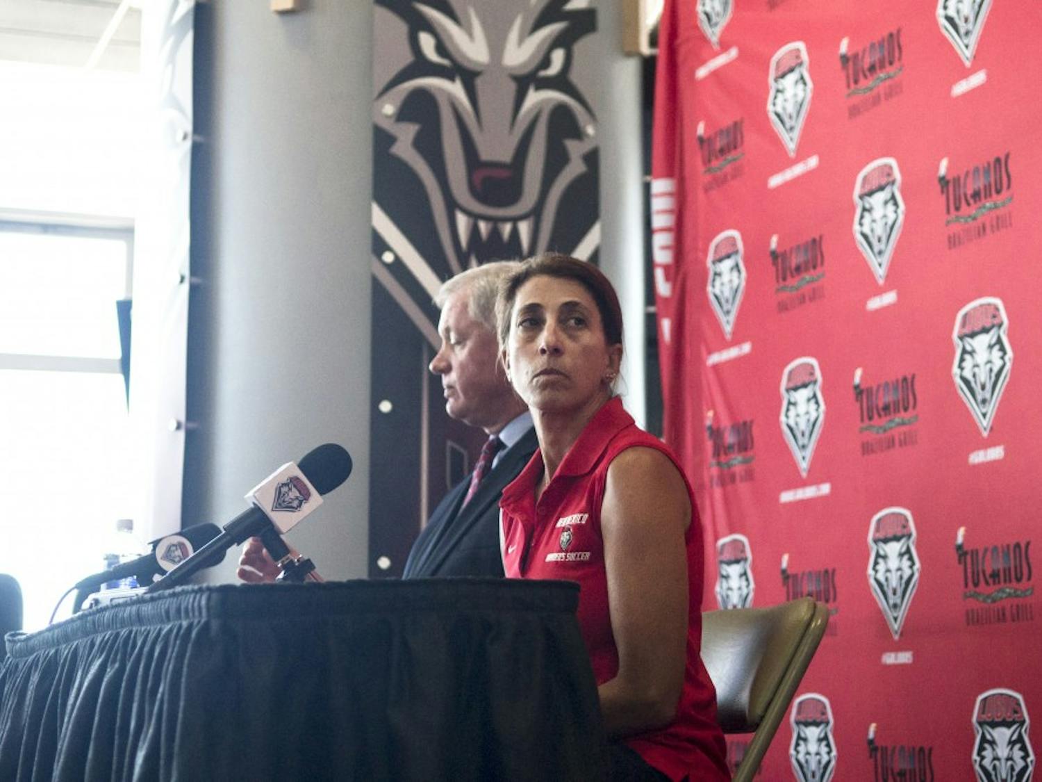 	New Mexico women’s soccer Head Coach Kit Vela awaits questions from the media at the Tow Diehm Athletic Center on Wednesday. UNM Athletic Director Paul Krebs confirmed at the press conference that the team did commit acts of hazing.
