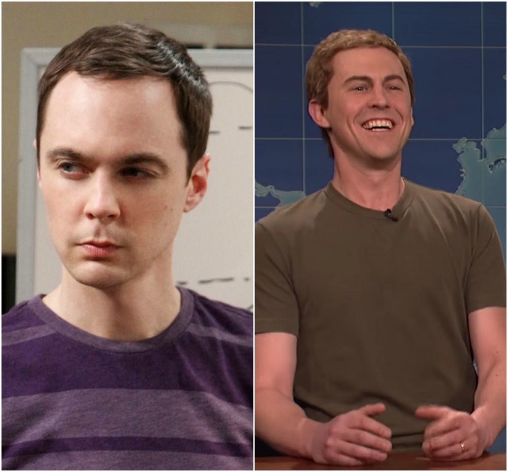 Collage of characters Sheldon Cooper from The Big Bang Theory and Mark Zuckerberg from SNL. &nbsp;