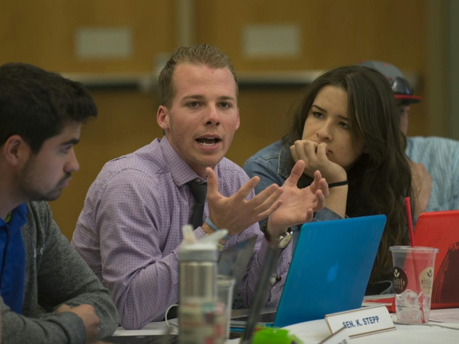 Sen. Kyle Stepp expresses his opinion about the resolution Removing Social Security from UNMs application at Wednesdays ASUNM meeting in the SUB. Resolution 8S would have facilitated the process for immigrant students to apply to UNM. The resolution failed to pass Senate.