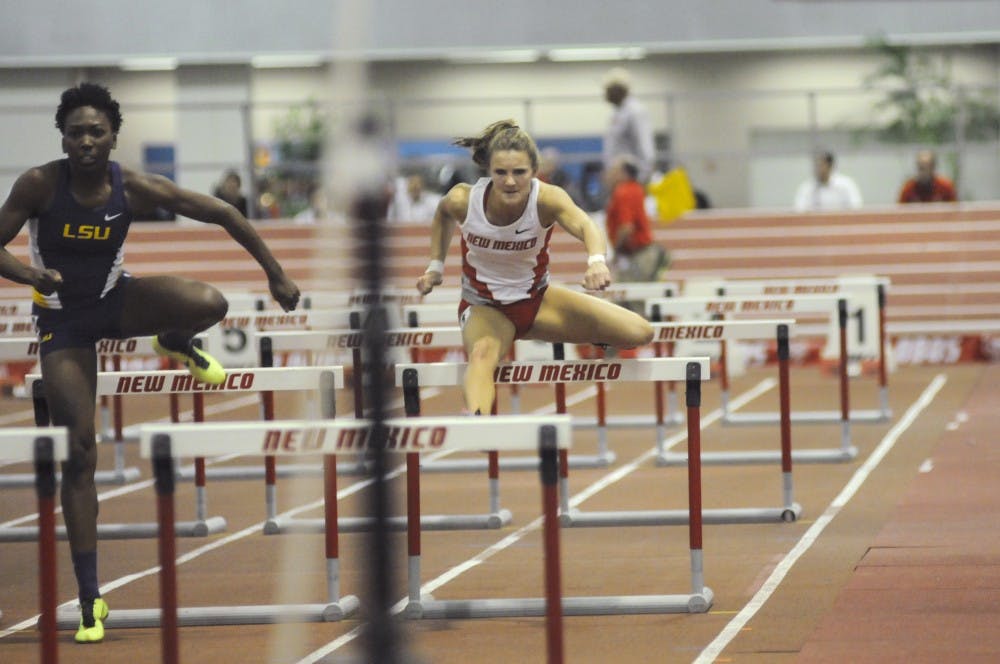 New Mexico hurdler Holly Van Grinsven competes during the New Mexico Classic at the Albuquerque Convention Center on Saturday. Van Grinsven holds the UNM record for 60 meter hurdles and has five races under the 8.5 time mark.