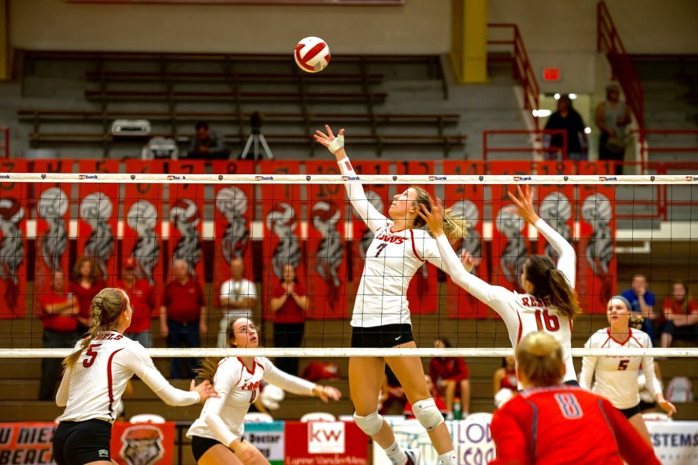 Victoria Spragg attempts to hit the ball over the net against the UNLV Rebels on October 11th 2016 at Johnson Center