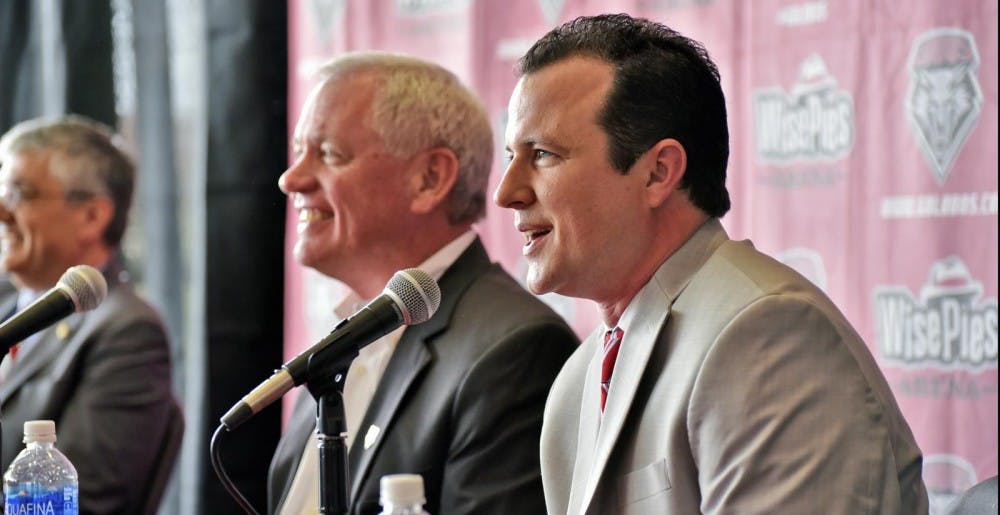 Paul Weir speaks during a press conference held at WisePies Arena on Tuesday, April 11, 2017 to announce his move from the New Mexico State Aggies to the University of New Mexico Lobos.