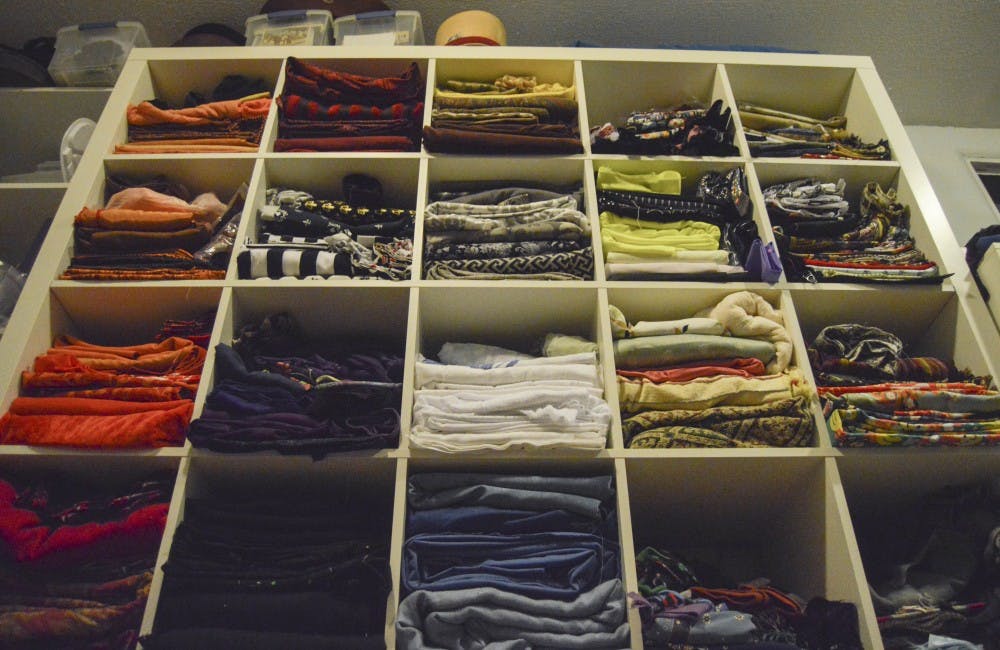 A shelf of corsets and other materials in Lokey’s sewing room.