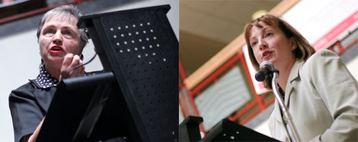 Dauneen Dolce, left, of the Right to Life Committee of New Mexico debates with Heather Brewer of NARAL Pro-Choice New Mexico during an event hosted by UNM's Reproductive Justice Coalition in the SUB Atrium on Monday.