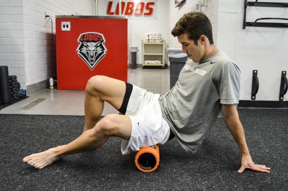 Sophomore UNM soccer player Aaron Herrera strength trains at the Athletic Training Room on March 29, 2017. Soccer is part of one of the many intramural sports offered at UNM.