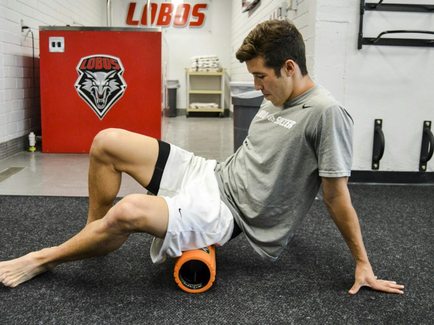 Sophomore UNM soccer player Aaron Herrera strength trains at the Athletic Training Room on March 29, 2017. Soccer is part of one of the many intramural sports offered at UNM.