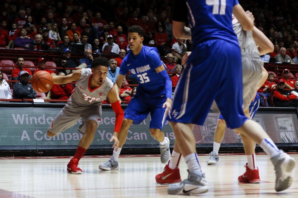 Freshman guard Anthony Mathis drives to the net Wednesday night at WisePies Arena. The Lobos beat Air Force 84-55. 