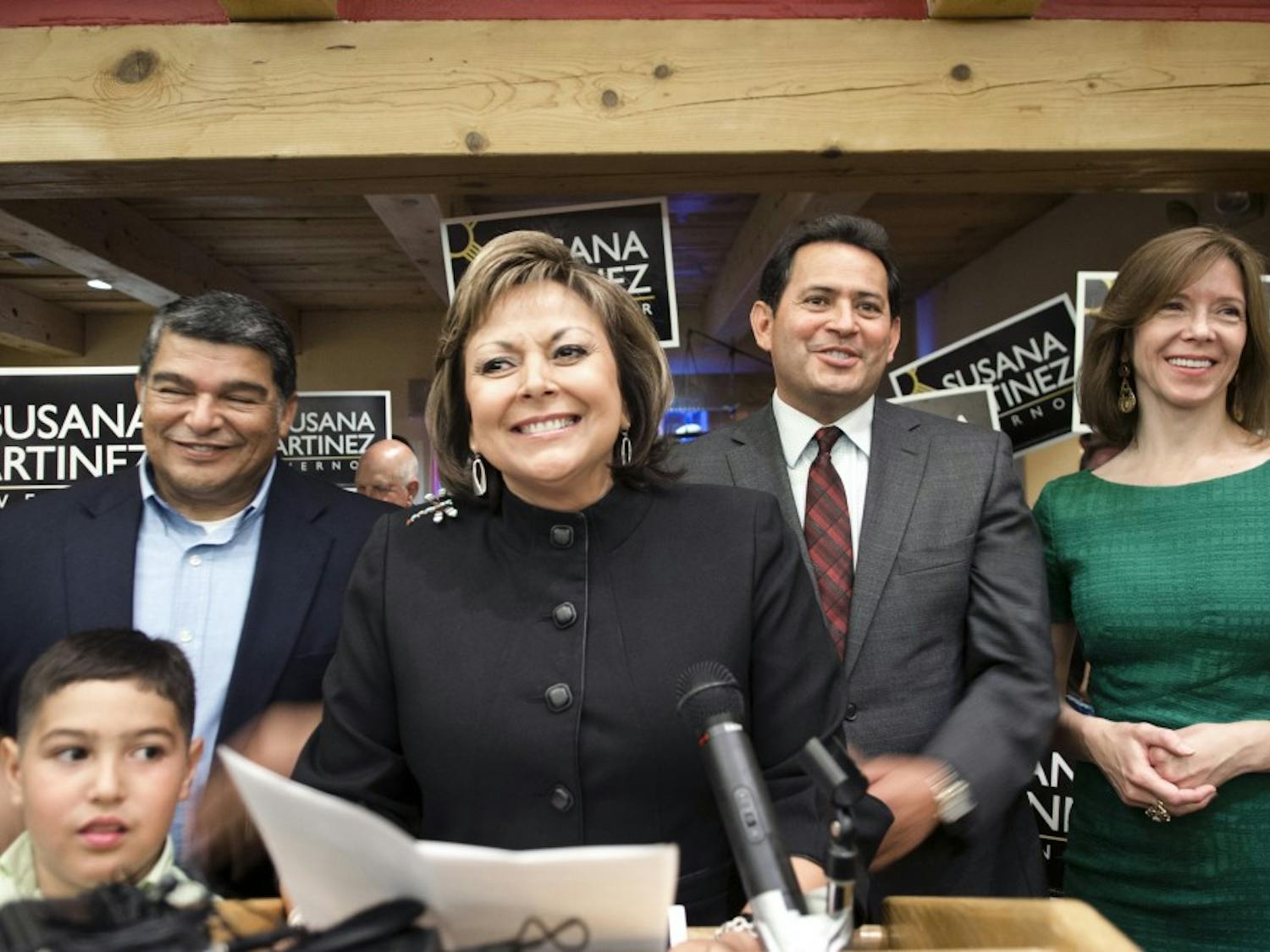 	New Mexico Governor Susana Martinez greets supporters at her election night party held at Abuelita’s New Mexican Kitchen on Tuesday evening. Martinez ran unopposed in the Republican primary.
