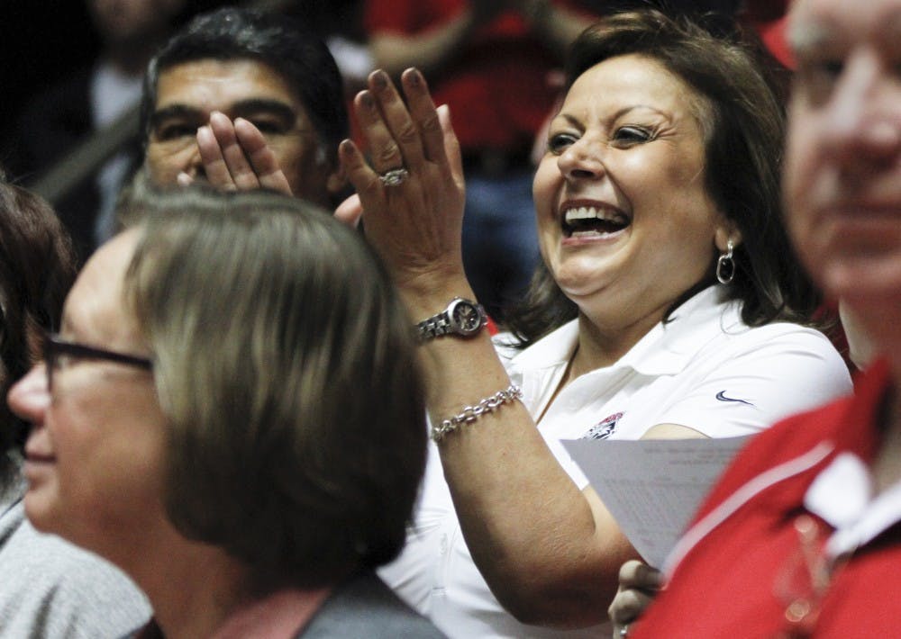 New Mexico Gov. Susana Martinez cheers on the Lobos during a basketball game last season. Martinez donated $10,000 to Hugh Greenwoods Pink Pack on Monday afternoon.