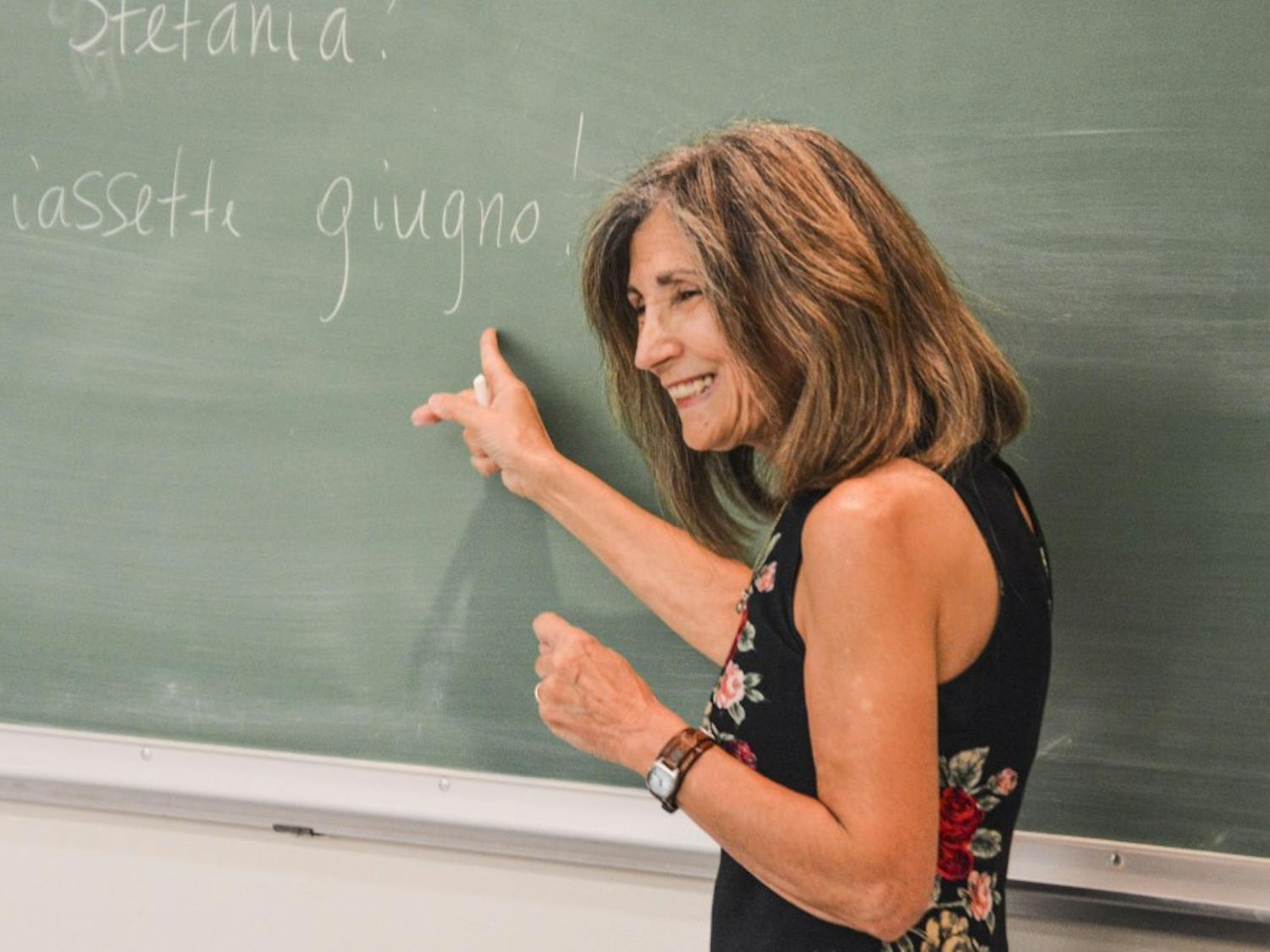 Italian lecturer Rachele Duke teaches one of her classes on Tuesday, Oct. 11, 2016 in Ortega Hall. Duke is the last faculty member in the Italian Department and refuses to retire.&nbsp;