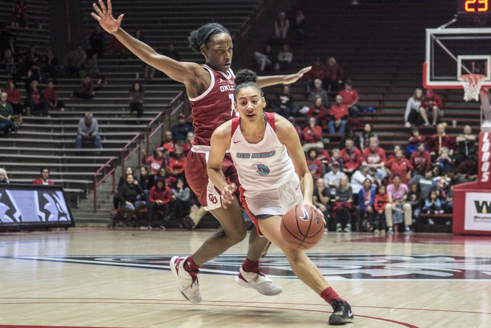 Ahlise Hurst drives to the basket past Shaina Pellington during the second half of Wednesday’s game at Dreamstyle Arena. Hurst scored 39 points to set a new freshman scoring record to lead the Lobos to an 84-80 victory.
