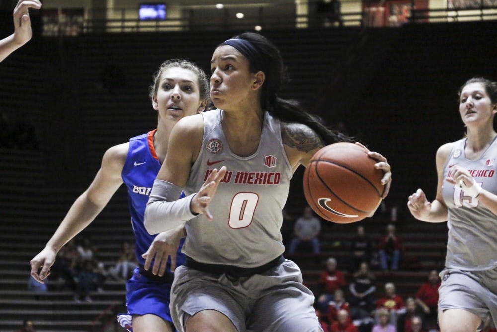Junior guard Cherise Beynon evades Boise State players Wednesday, Jan. 18, 2017 at WisePies Arena.&nbsp;