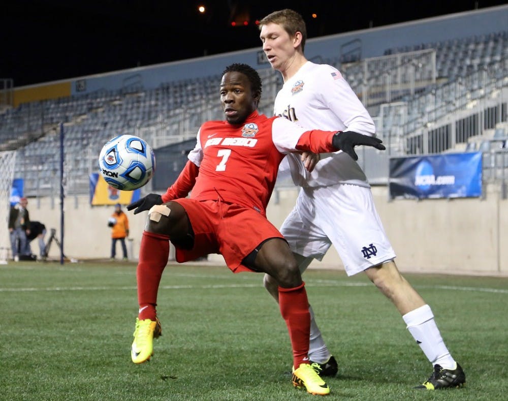 	New Mexico’s James Rogers works to keep a Notre Dame player away from the ball during their NCAA semifinal game Friday in Philadelphia. The Lobos ended their season with an appearance in the Final Four.