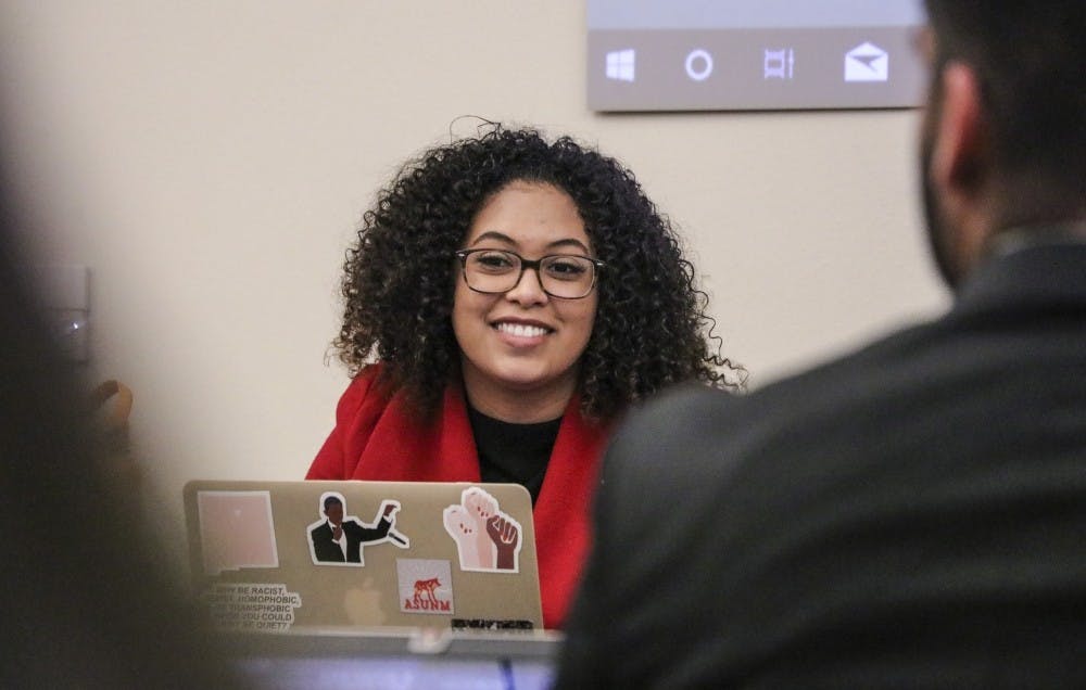 ASUNM Senator Isez Roybal questions UNM students seeking money for their student organization.