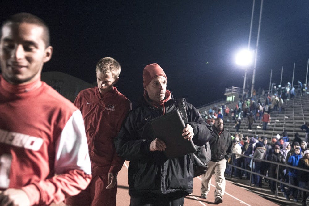 	New Mexico men’s soccer coach Jeremy Fishbein glances at fans exiting the stands after the NCAA tournament home game against Penn State on Dec. 1. The Lobos have been selected as preseason favorites in Conference USA and open their season with a home exhibition game on Aug. 18 against Fort Lewis.