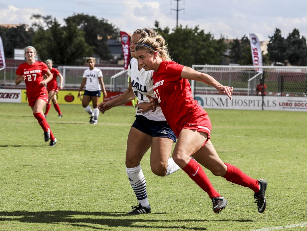 UNM freshman Aspen Headrick fights for position against Northern Arizona at the UNM Soccer Complex on Sept. 17, 2017. The Lobos won against Northern Arizona 4-0. 