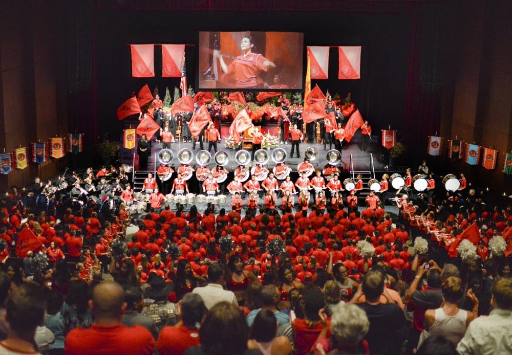 	The UNM Marching Band performs the UNM Fight Song for approximately 2,500 incoming freshman at Popejoy Hall on Sunday afternoon. This preceded the UNM Class Crawl and Movie on the Field, which are part of Welcome Back Days. 