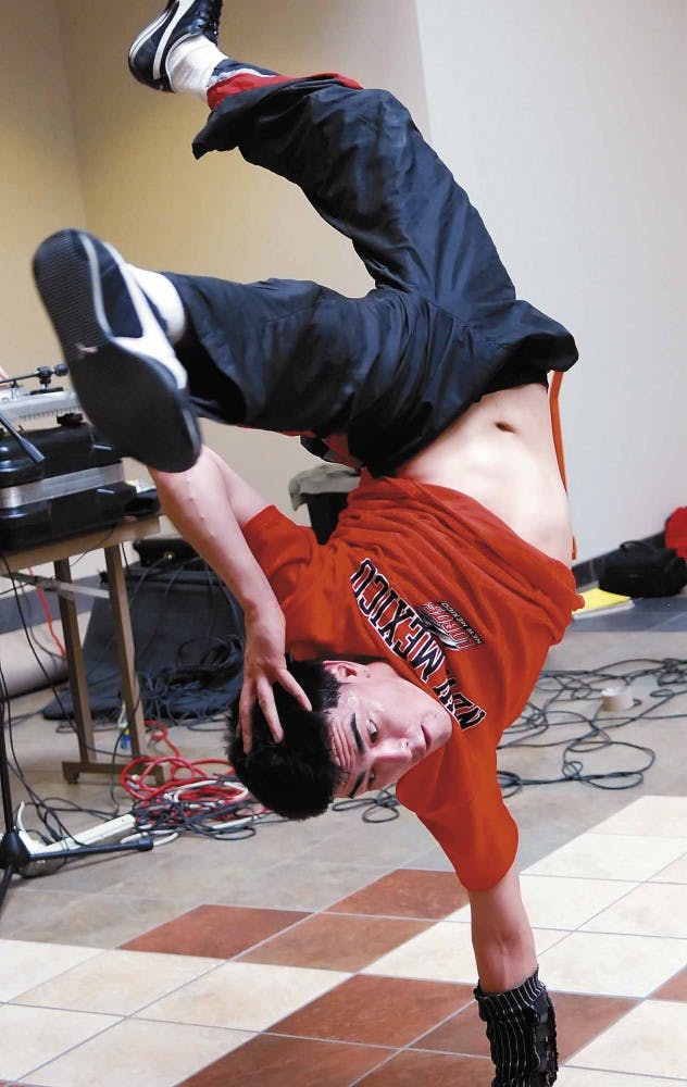 Student Shane Montoya break dances Wednesday in the SUB to promote Breakin' Hearts, a hip-hop festival that will feature local artists Feb. 24.