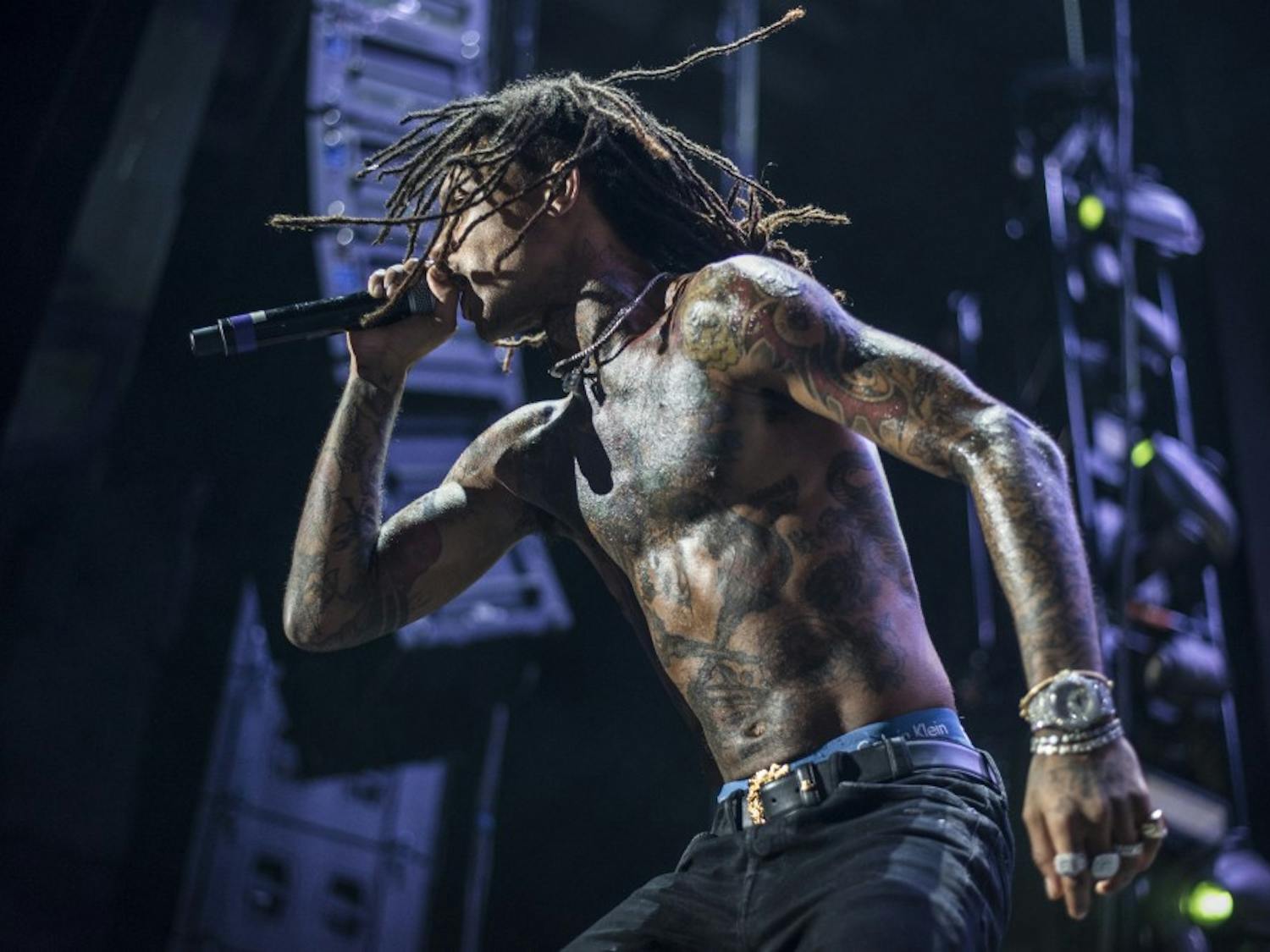 Swae Lee, one brother of the rap duo Rae Sremmurd, co-headline with Wiz Khalifa on the "Dazed and Blazed Tour" performed on Wednesday Aug. 29, 2018.&nbsp;