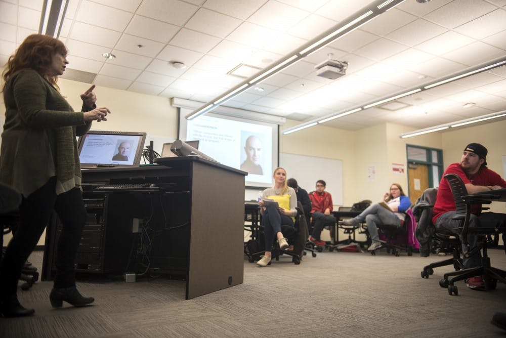 Carolyn Flynn presents to her and Mike Marcottes Inocations in Media Entrepreneurship course Friday afternoon at Dane Smith Hall. The course is offered through the Communication and Journalism Department but hosts students with intrests in international relations, resign performance and various other majors. 