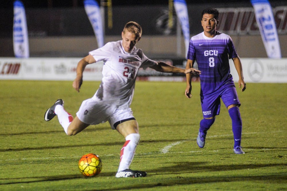 Junior forward Sam Gleadle launches the ball downfield against Grand Canyon University Sunday Sept. 11, 2016 at the UNM Soccer Complex.&nbsp;
