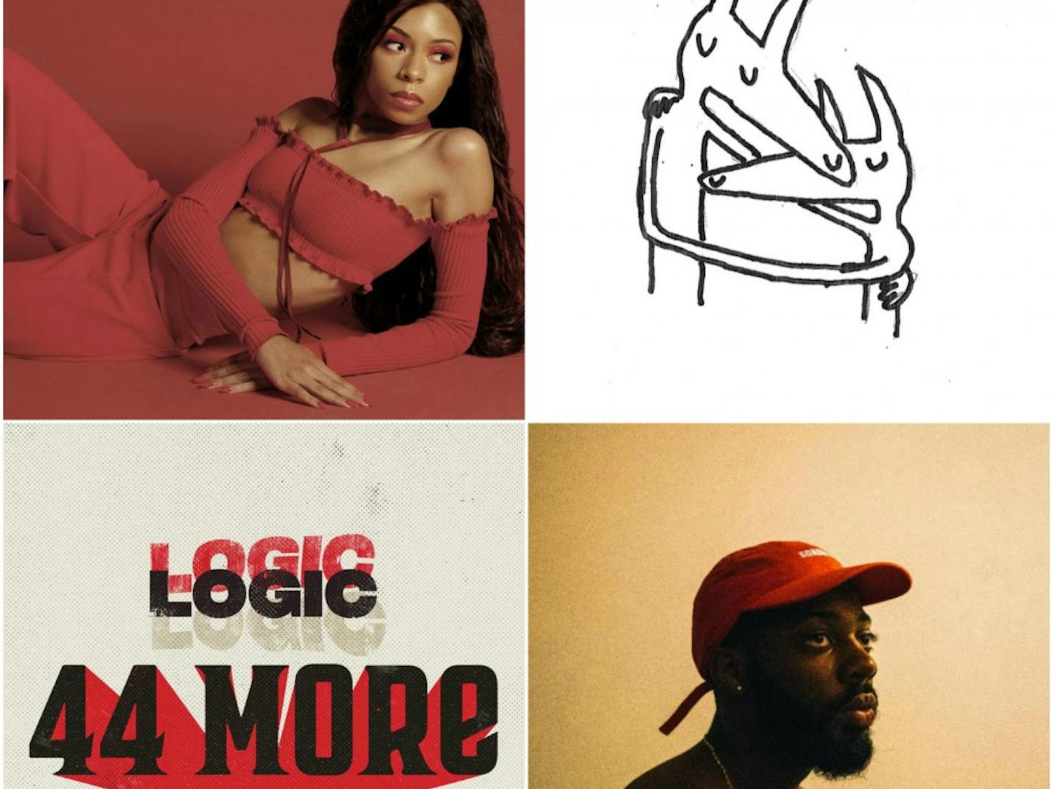 Clockwise from top left album and single covers by Ravyn Lenae, Car Seat Headrest, Bret Faiyaz and Logic.