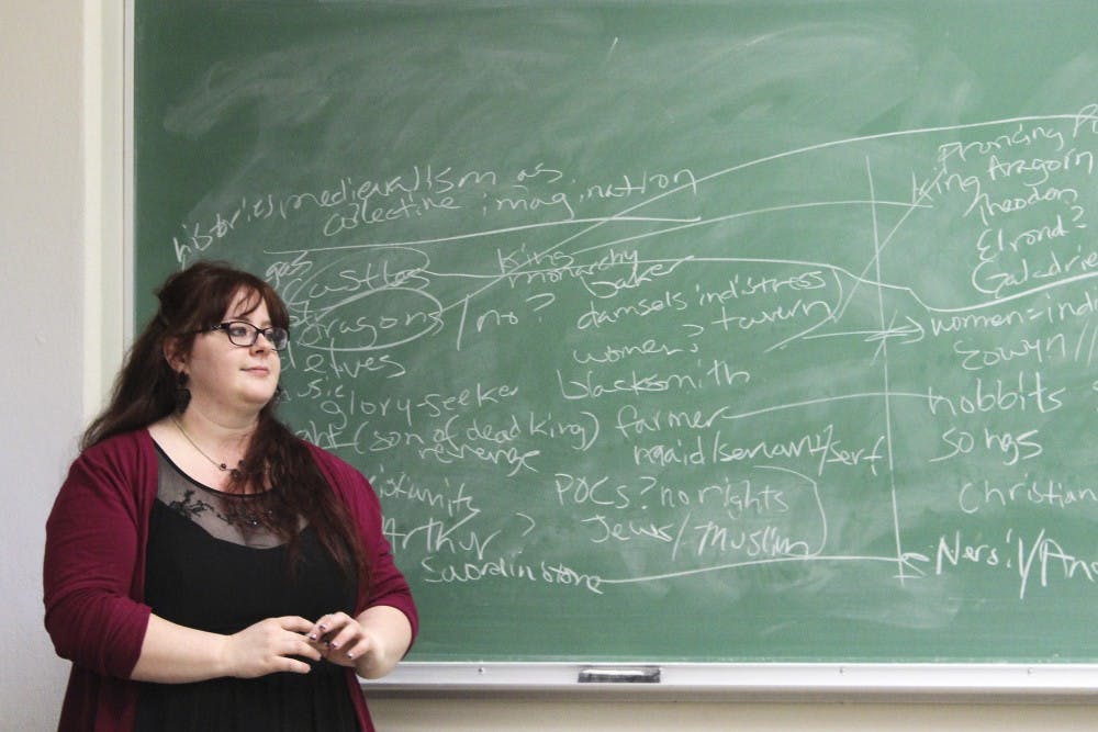 English instructor Megan Abrahamson leads a classroom discussion on the connection between hobbits and the Middle Ages on Wednesday afternoon. The class is one of the only non-honors J.R.R. Tolkien classes to be offered to students as a core English class.
