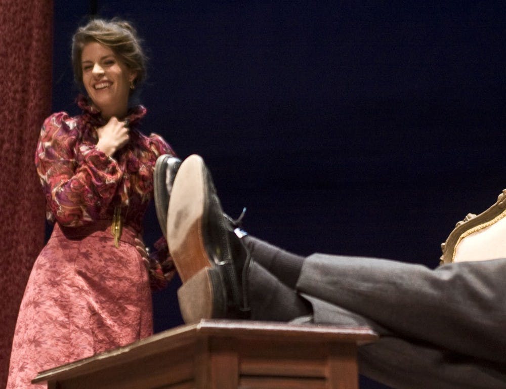 	In a scene from “The Cherry Orchard,” Lyubov Ranevskaya (Lauren Dusek Albonico) is overjoyed as she returns home with Yasha (Andrew Leith). The play, Anton Chekhov’s last, is 100 years old and still kicking.