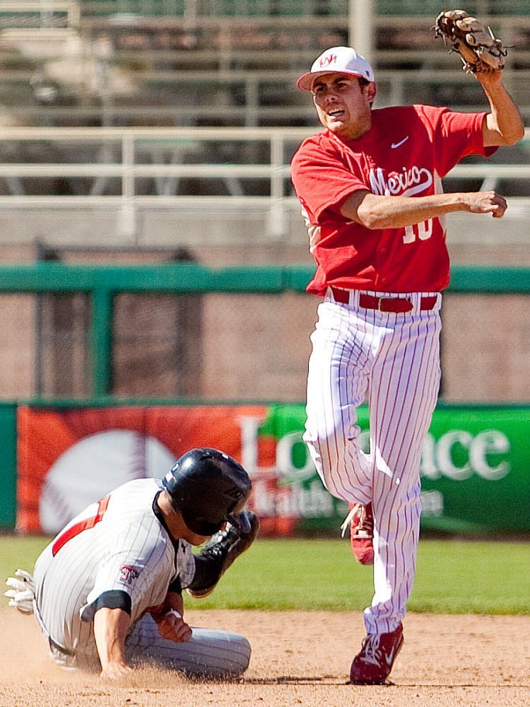 	Shortstop Daniel Gonzalez makes a throw from second base in UNM’s 16-8 victory over Texas Tech on Tuesday at Isotopes Park.