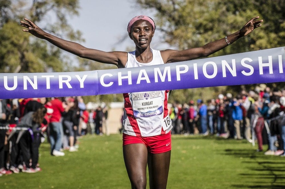 Ednah Kurgat finishes first place during the Mountain West Cross Country Championship hosted at UNM's North Golf Course on Oct. 27, 2017. Kurgat trail-blazed the six kilometer course, with a winning time of 19 minutes and 58 seconds.