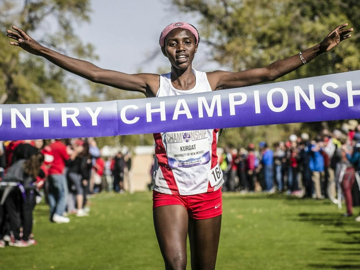 Ednah Kurgat finishes first place during the Mountain West Cross Country Championship hosted at UNM's North Golf Course on Oct. 27, 2017. Kurgat trail-blazed the six kilometer course, with a winning time of 19 minutes and 58 seconds.