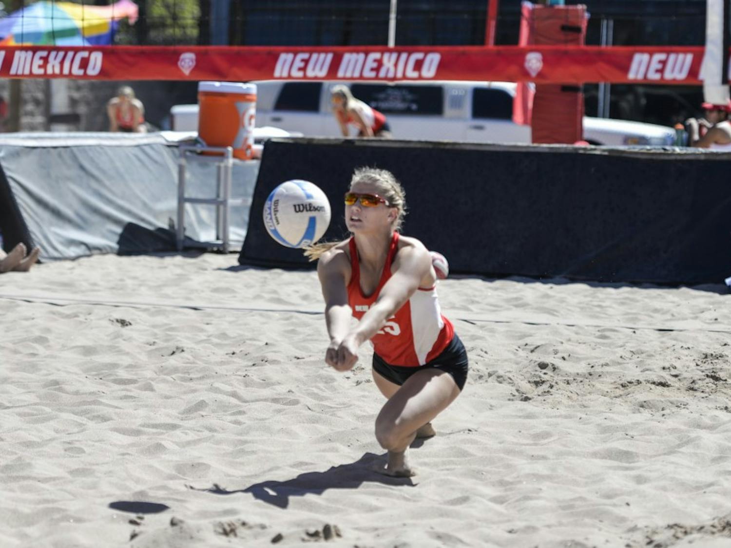 Junior Lise Rugland dives for the ball while playing MCU at Lucky 66 Bowl’s sand volleyball courts. The Lobos compete in the Cowtown Classic this Friday and Saturday in Fort Worth, Texas.