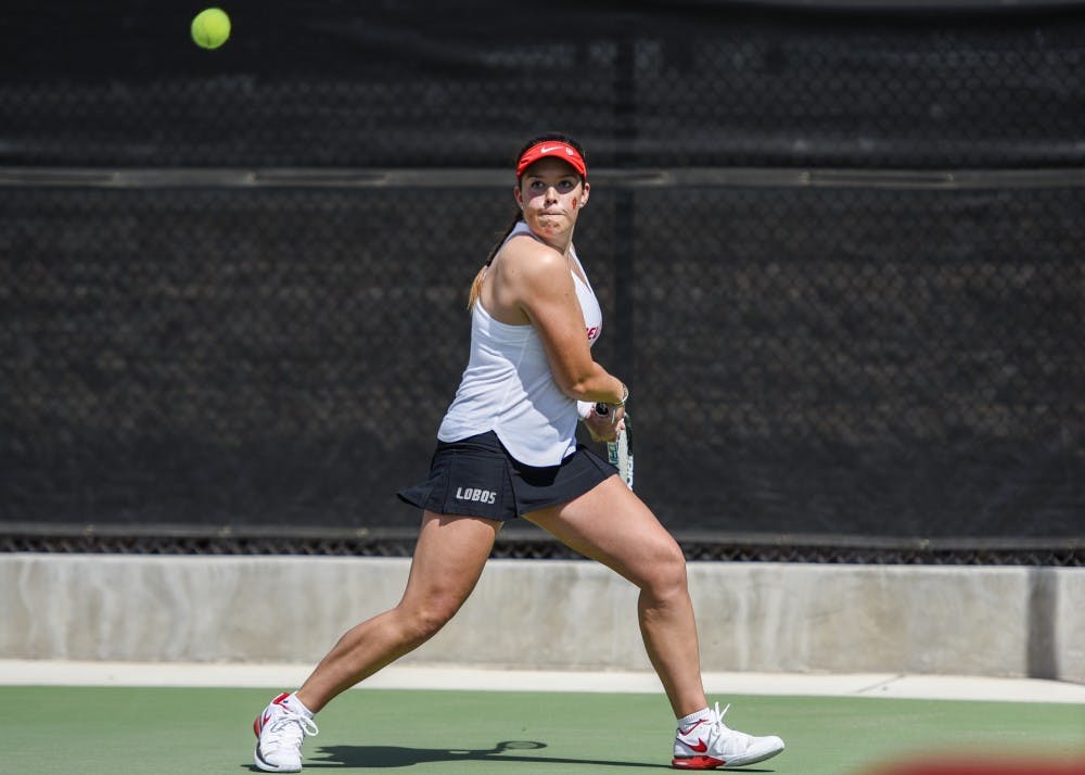Ruth Copas returns a shot against New Mexico State on March 25, 2017. Copas has been selected to play for team Ireland in Fed Cup. 