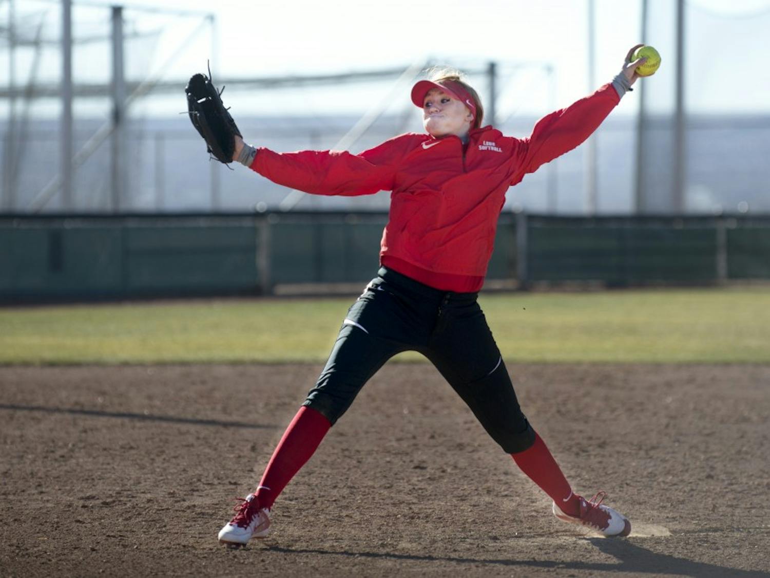 Freshman Colette Robert trains during the Lobos first practice of the season at Santa Ana Star Field. The Lobos lost to Texas A&M this past Saturday 8-7.