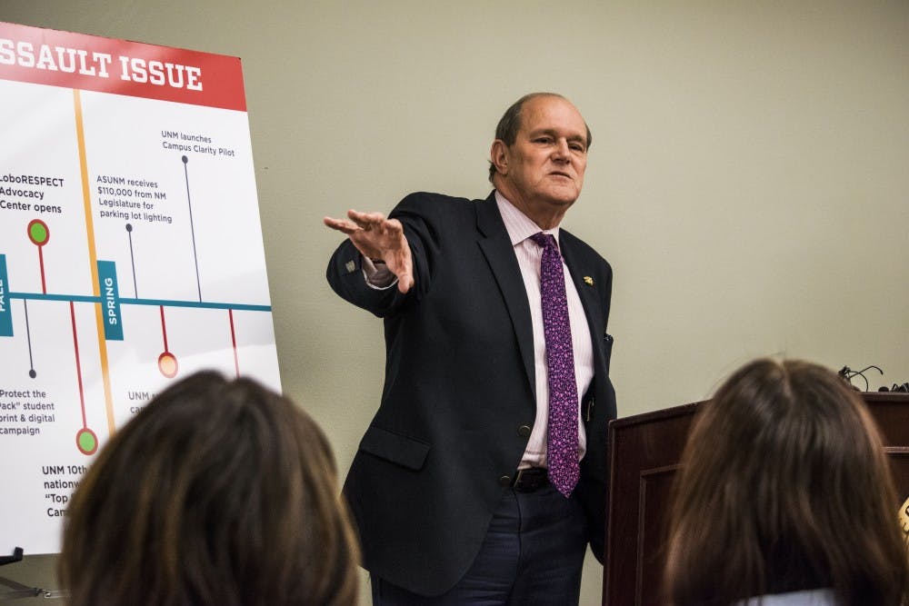 University President Robert G. Frank holds a conference addressing the Department of Justice's findings about sexual assault on UNM’s campus Friday afternoon at the SUB. Frank proposed the University’s future plans to help address sexual assault.