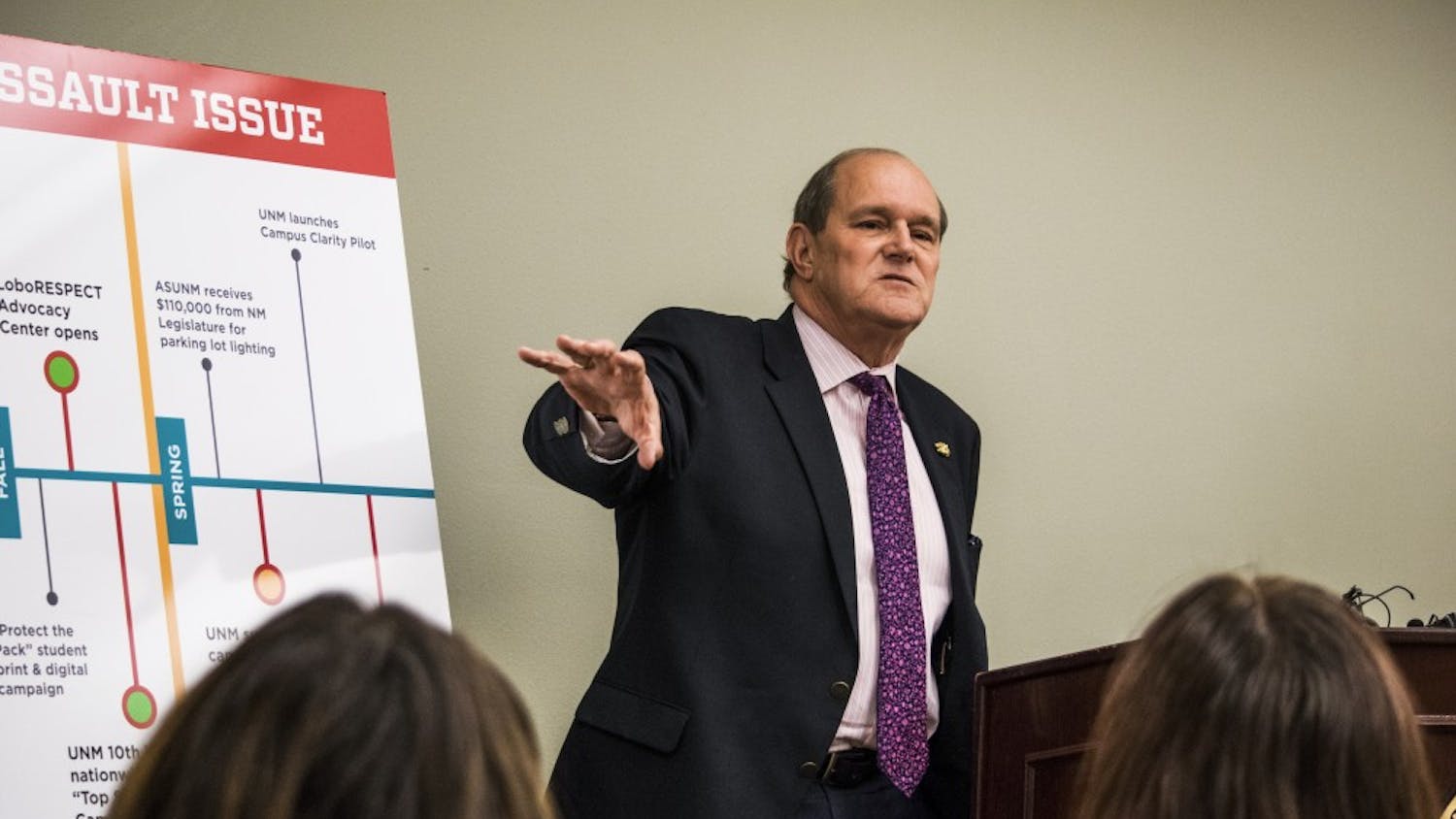 University President Robert G. Frank holds a conference addressing the Department of Justice's findings about sexual assault on UNM’s campus Friday afternoon at the SUB. Frank proposed the University’s future plans to help address sexual assault.
