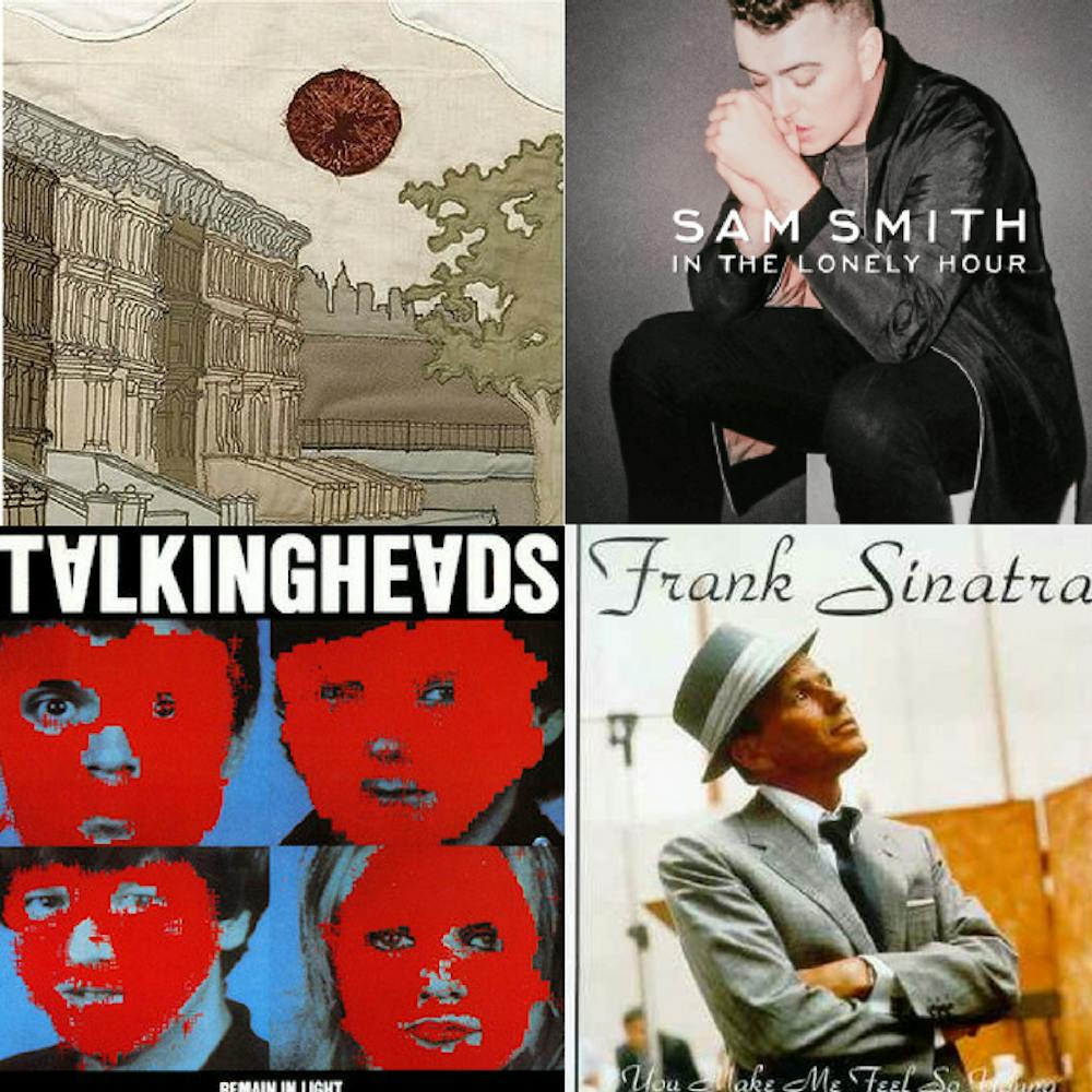Clockwise from top left: "I'm Wide Awake, it's Morning" - Bright Eyes, "In the Lonely Hour" - Sam Smith, "You Make Me Feel So Young" - Frank Sinatra, "Remain in Light" - Talking Heads