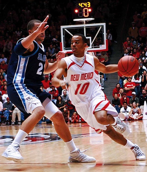 UNM guard Jamaal Smith dribbles past San Diego's Rob Jones during Saturday's 57-47 win at The Pit.