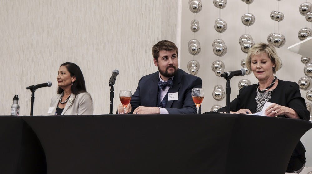 Left to right, Candidates for Congressional District 1, democratic candidate Deb Haaland, A. Blair Dunn sitting in for Libertarian candidate Lloyd Princeton and Republican candidate Janice Earl-Jones participate in a forum at the New Mexico Bar Association's Monthly lunch at the Hyatt Regency on July 10,2018