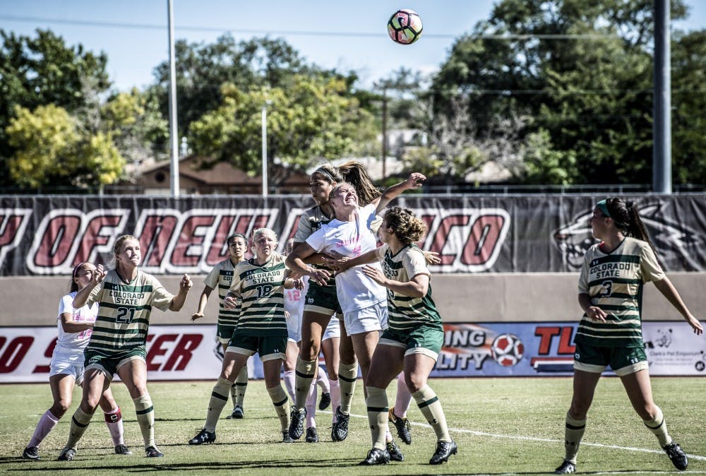 UNM midfielder Jessie Hix prepares to score on a header during a game against Colorado State University on Oct. 20, 2017. Hix has scored seven goals this season &mdash; six of those goals have been with her head.