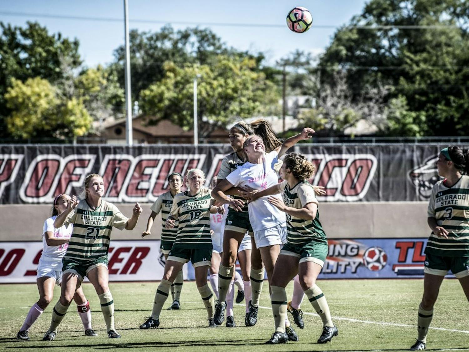UNM midfielder Jessie Hix prepares to score on a header during a game against Colorado State University on Oct. 20, 2017. Hix has scored seven goals this season &mdash; six of those goals have been with her head.