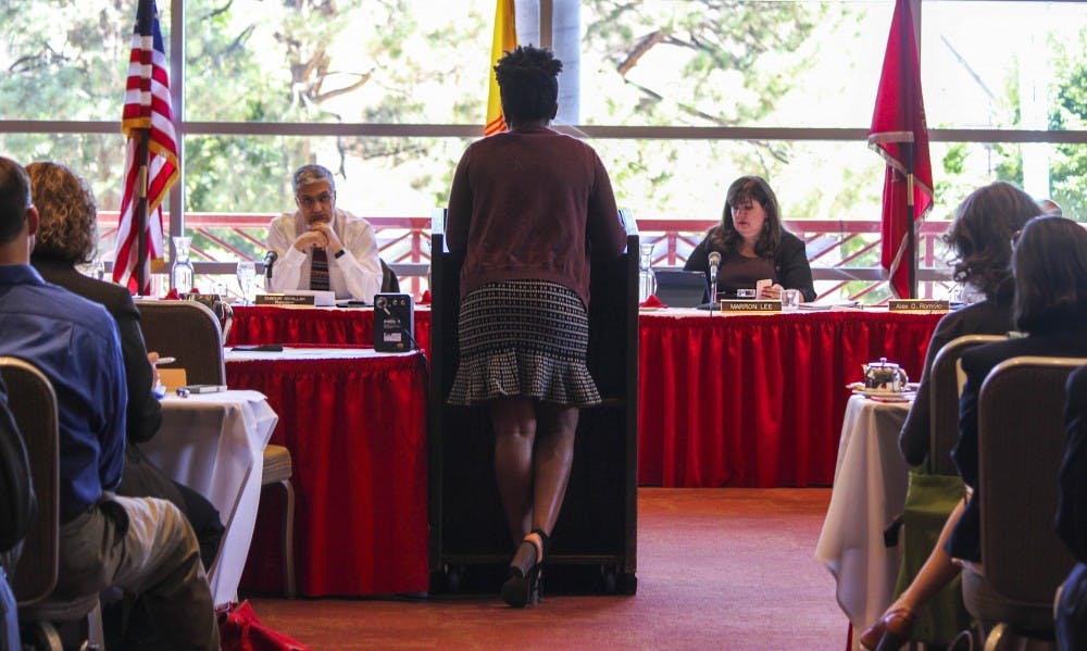 Students and UNM faculty voice their opinions on topics ranging from budget cuts to other items on the agenda during the public comments portion of the Board of Regents meeting on Tuesday morning in the SUB.