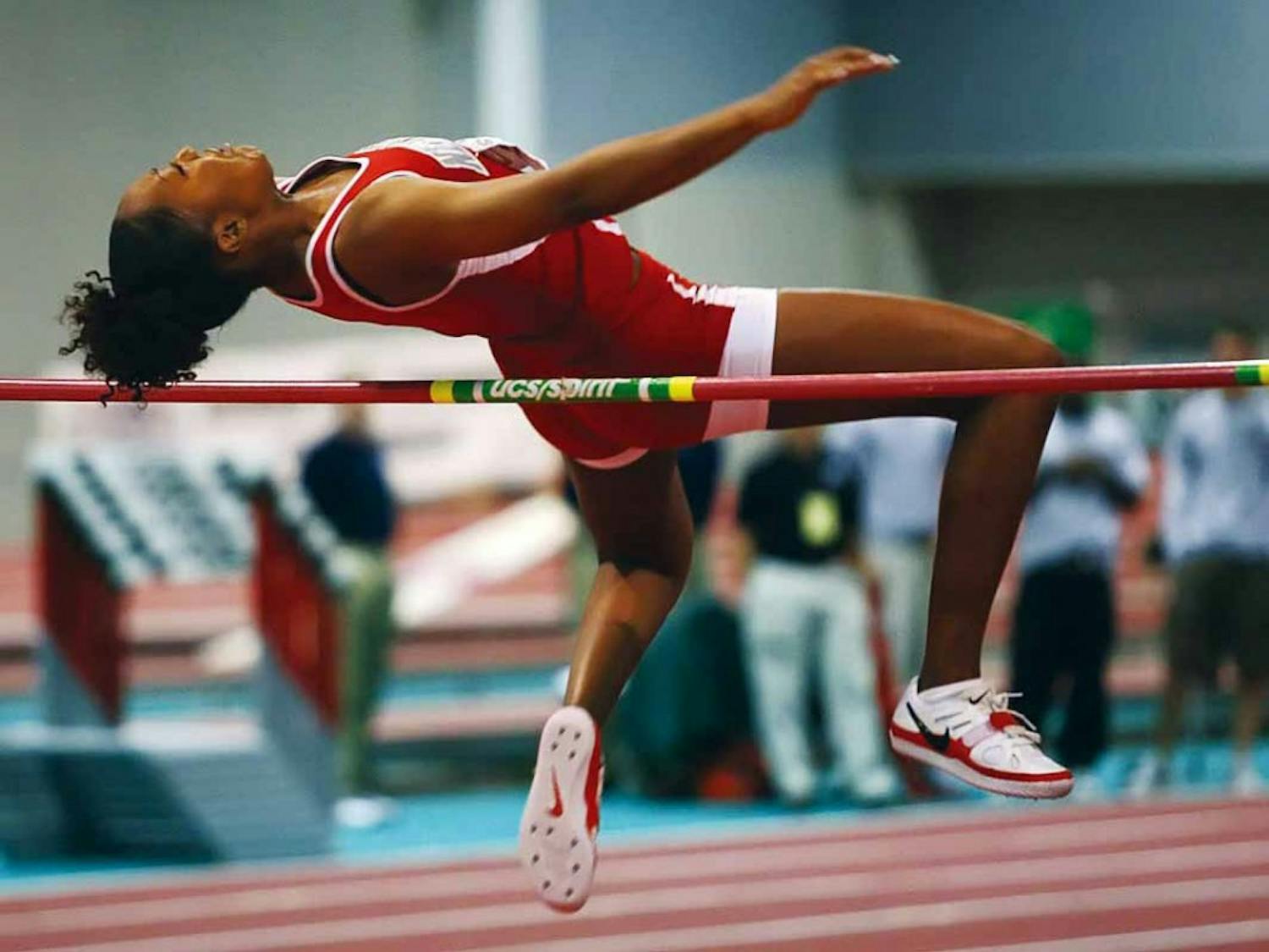 Tiyana Peters competes in the high jump during the 2007 MWC Indoor Championships on Feb. 24 at the Albuquerque Convention Center. Last weekend, she competed in the Clyde Littlefield Texas Relays, clearing 5-8 3/4 to defeat a field of 19 in Austin, Texas.