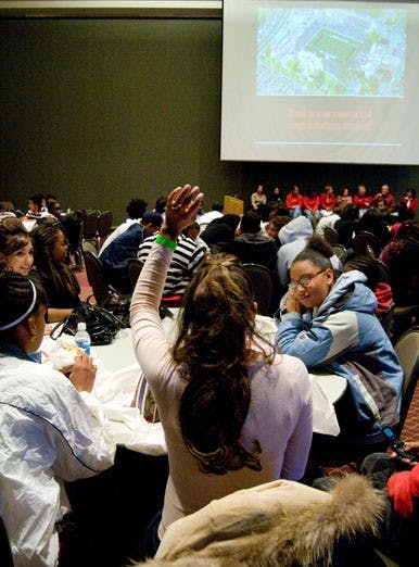 Mariah Asbury of New Futures asks a question during African American Student Day at the SUB on Friday. 
