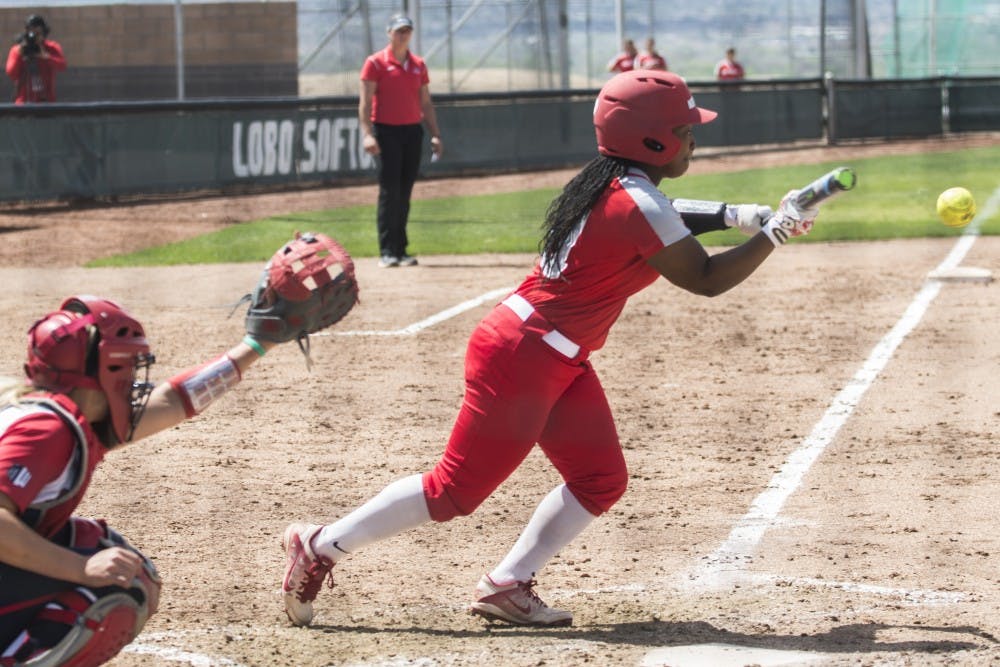 Freshman outfielder D’Andra DeFlora bunts the ball against a Fresno State pitcher Saturday April 9, 2016 at the Lobo Softball Field. The Lobos swept Colorado State last weekend in Fort Collins and will play UNLV this weekend in Albuquerque.
