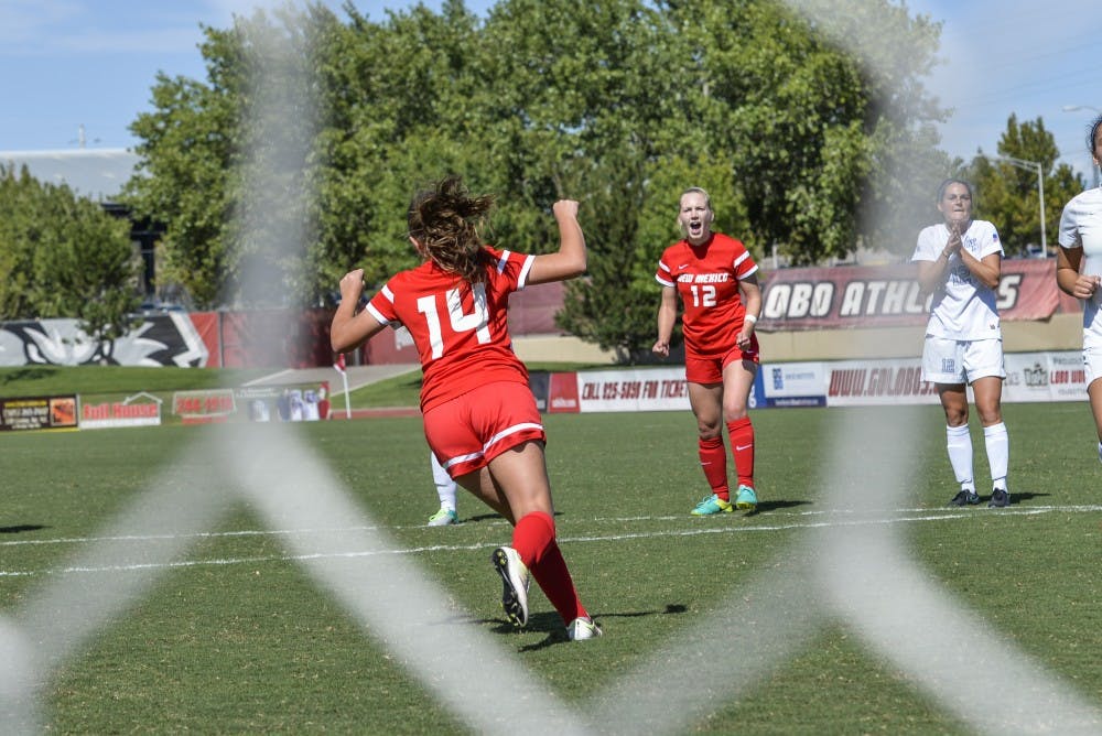 Junior midfielder Claire Lynch, 14, scores a penalty shot against Air Force Academy on Sunday, Sept. 25, 2016 at the UNM Soccer Complex.