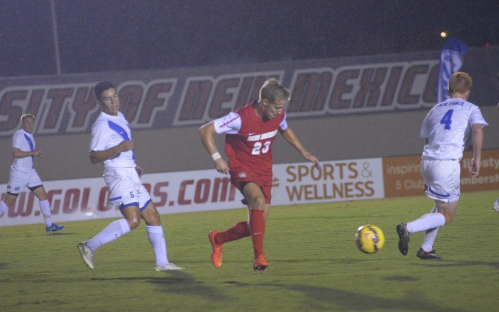 UNM freshman forward/midfielder Sam Gleadle kicks the ball during the game against Air Force on Saturday at the UNM Soccer Complex. The Lobos will host Grand Canyon in the final home exhibition. 